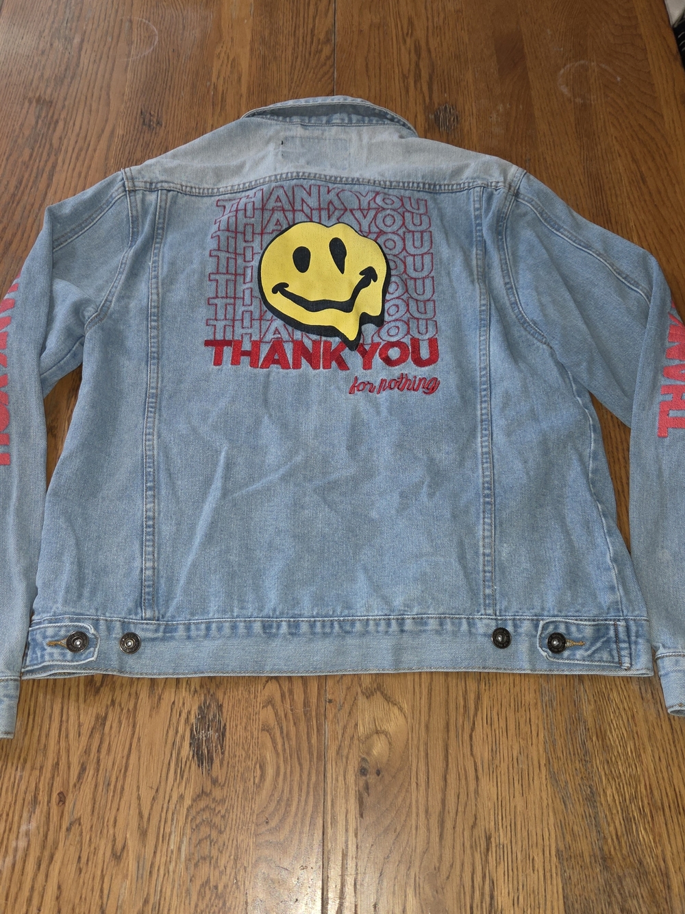 Brooklyn Cloth Light Blue Denim Jacket with Yellow Smiley and Red Text